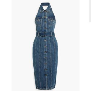 Retrofete Logan Open Back Belted Denim Halterneck Midi Dress